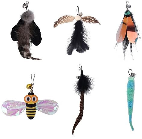 DONGKER Katzenspielzeug Feder, 6 Stück Katzenangel Ersatzfedern Anhänger Federn Katzen Spielzeug mit Glocken für Katze (Nicht Enthalten Stange)