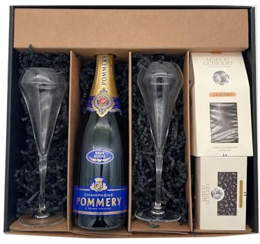 Coffret Cadeau noir - Champagne Pommery -1 Brut - Cacaotines (1x150g) et Raisins au sauternes (1x100g) MAISON GUINGUET – 2 flûtes CHEF SOMMELIER