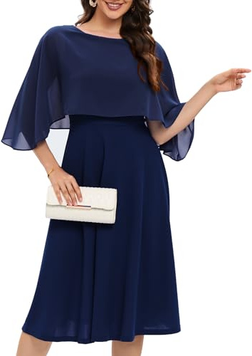 Fynadressr Navy Italian Birthday Prom Dress Women Cape Dress with Chiffon Overlay Cocktail Party Wedding Guest Formal Dresses Navy L