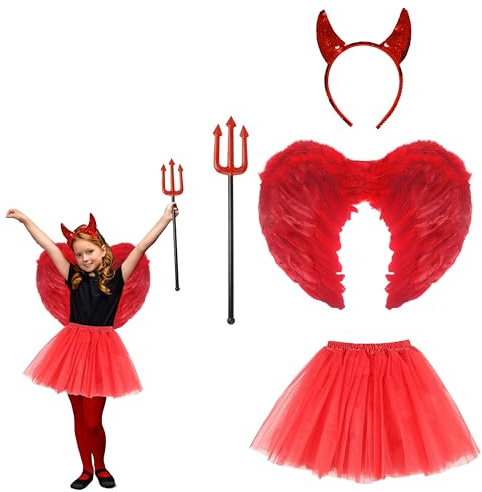 Lizzy Barnens röda djävulskostym | paljettpannband, tutu-kjol, glitter trident, fjädervingar halloween barn flickor maskeraddräkt tillbehör