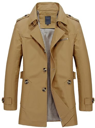 ZDJSWJ Män TRENCH-coat flip-neck jacka enkel snap Notch vindtät lätt kappa smal vindtät, Kaki färg 2, 3XL