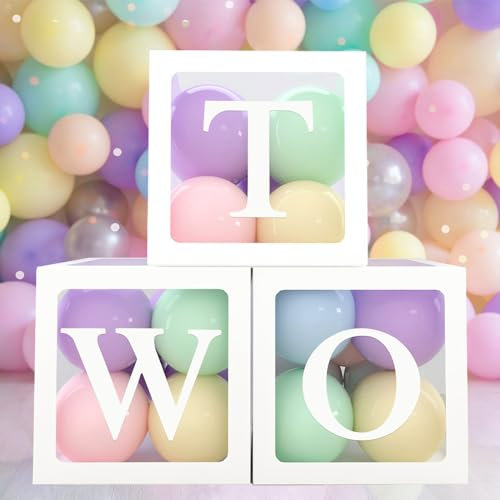 Scatole decorative per feste di compleanno per ragazzi e ragazze, 3 scatole per palloncini con 36 palloncini pastello e 1 lettera, blocchi di palloncini per lo sfondo per il 2° compleanno, 2 accessori