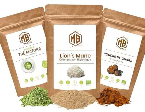 Ensemble MB Superfoods pour les amateurs de café aux champignons : Matcha, Lion's Mane, Chaga (100g chacun)