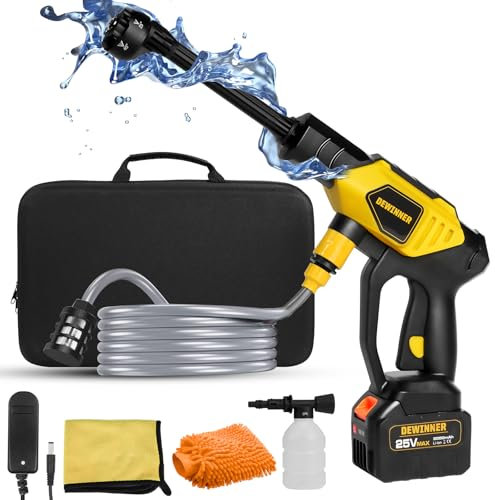 DEWINNER 25V Cordless Pressure Washers, 650PSI High Pressure Washer with 3000mAh Battery, Portable Pressure Washer with 6 in 1 Nozzle, Power Washers with Cleaner Kit for Car, Floor and Garden