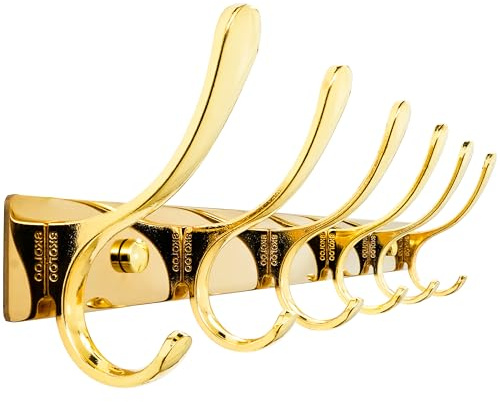 SKOLOO Coat Rack Wall Mounted - 6 Hooks, Heavy Duty, Stainless Steel, Metal Wall Coat Hanger, Sturdy Wall Hooks for Hanging Coat, Jacket, Clothes, Hat, Bright Gold