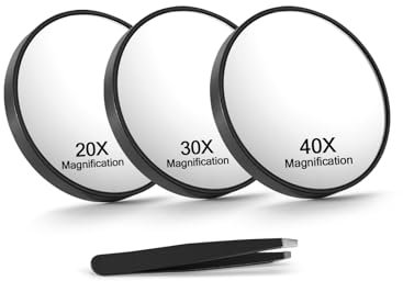 Macaki 20X/30X/40X Magnifying Mirror with Suction Cups and Tweezers Set, 3.5 inches Travel Magnified Makeup Mirror, Black, 3PCS