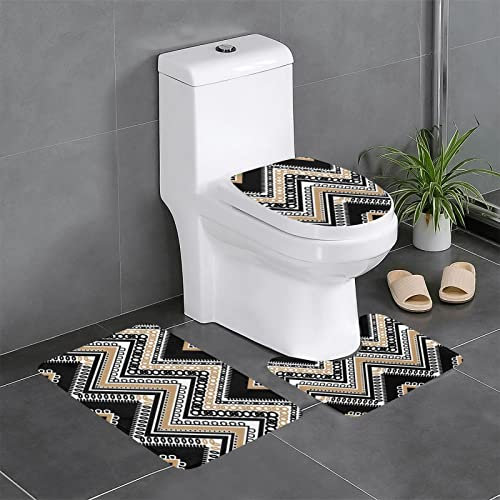 FLYIFE Badematten-Set, 3-teilig, Flanell, rutschfest, wasserabsorbierend, mit U-förmigem WC-Vorleger und WC-Deckelbezug, Schwarz / Weiß