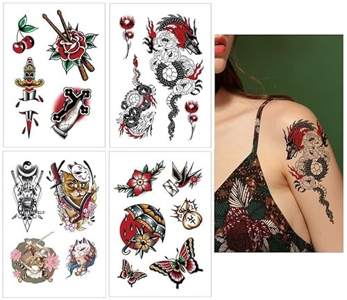 4 feuilles de tatouage dragon samouraï chat tatouage vintage éléments japonais tatouages japonais 4