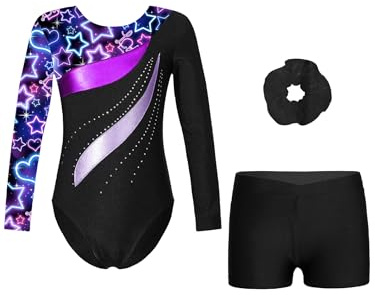 Fldy Mädchen Gymnastikanzug Langarm Bedruckte Turnbody Gymnastik Shorts Haargummi 3er Set Kinder Ballett Tanzkleidung Wettkampf Outfit Sternenklar-Schwarz 134-140