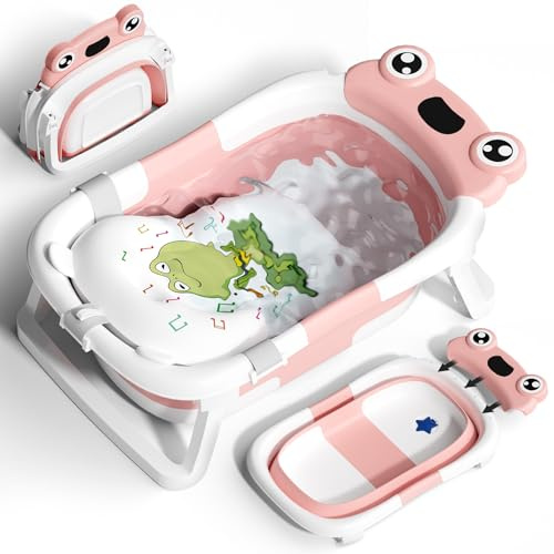 COOSEYA Baby Badewanne, Faltbare Babywanne mit Babybadewanne Stützkissen, Portable Baby Bathtub als Wesentliche Artikel für Neugeborene und Kleinkind, Frosch - Design (Rosa)