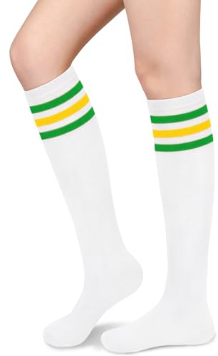 Olreco Calcetines altos hasta la rodilla para mujer calcetines hasta la rodilla para mujeres calcetines largos de mujer a rayas calcetines altos atléticos accesorios para Halloween, Blanco/Amarillo