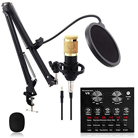 V8 Condenser Microphone Bundle,Mic kit with Live Sound Card,Adjustable Mic Arm Stand Desk for Studio Recording Broadcasting