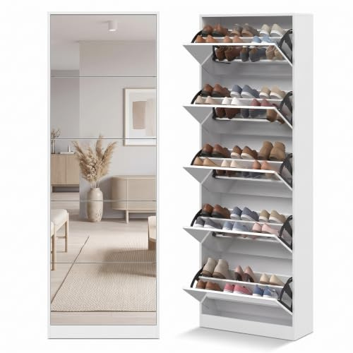 Organizedlife Mirrored Shoe Storage Cabinet with 5 Flip Drawers, 30 Pairs