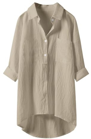 Linneskjorta dam långärmad vit – lång blus dam ledig för leggings linneskjorta lätt sommarskjorta muslin blusar elegant linneblus med knappslå damblusar tunika skjorta stora storlekar, kaki, L
