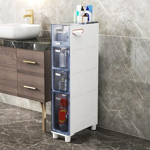 MEWVABKW Lagerschrank 5-stufiger schmaler Lagerschrank, schmaler Toiletten-Lagerschrank, Lagerturm mit durchsichtigen Schubladen und Rollen, Stabiler schmaler Kommodenturm für Badezimmer, Schlafzimm