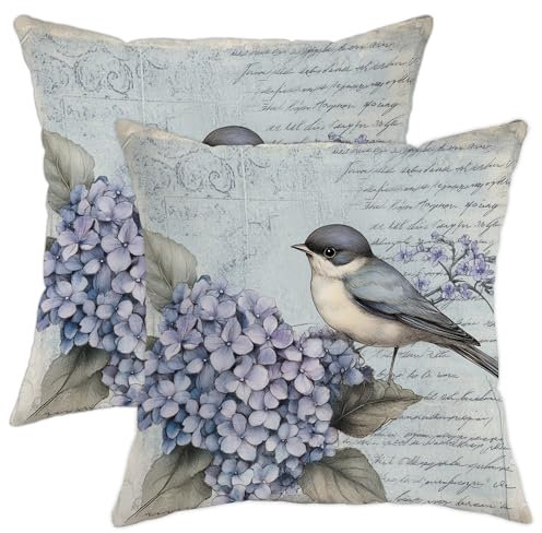 Set di 2 federe per cuscini primaverili, con uccellino blu e ortensia viola, decorative, quadrate, decorative, per casa, divano, letto, 50 x 50 cm
