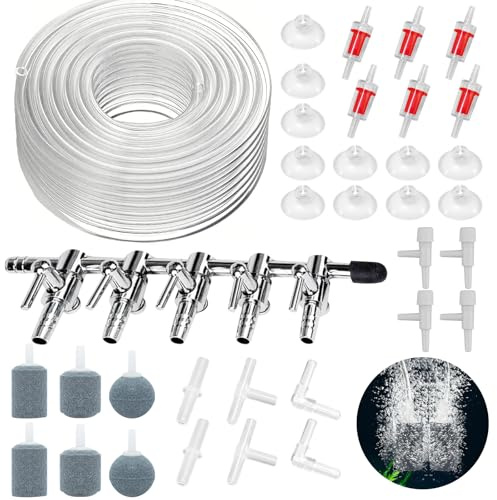 Annickee 66PCS Air Pump Accessories Aquarium Accessories with 5-Way Air Valve Distributors, 10M Transparent Silicone Tubing, Check Valve, Airstone, Suction Cup, Regulator Valve, T/L/I Shape Connector