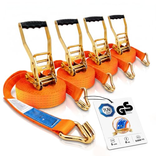 8 Lots de Sangles à Cliquet 8m x 5000kg avec Crochets - Sangles d'Arrimage 50mm Orange pour la Sécurisation des Chargements - Certifié TÜV/GS DIN en 12195-3 - KODIAK STRAPS
