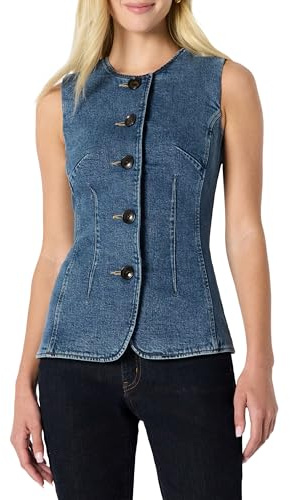 Amazon Essentials Women's Regular-Fit Button-Down Denim Vest, Round Neck, Vintage Inspired with Shank Buttons, Medium Blue Vintage, 10