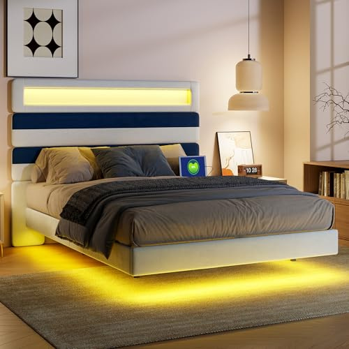 FEEOHOME Lit Double 140 x 190 cm, lit Flottant avec USB, Lit avec sommier à Lattes, Cadre de Lits et sommier avec LED pour Adulte Adolescent
