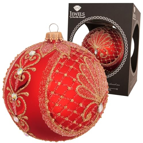 Krebs Glas Lauscha Weihnachtsdekoration/Christbaumschmuck aus Glas - Weihnachtsglaskugel Jugendstil mit Goldener Verzierungen - Farbe: Rot - Größe: ca. 10 cm