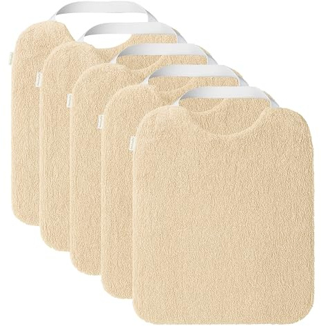 Amarsupiel Pack de 5 Baberos Rizo Bebe Impermeables | Con Goma al Cuello Fáciles de Poner y Quitar | Impermeables y Absorbentes, Perfectos para la Guarderia - Algodón 100% - Color Beige