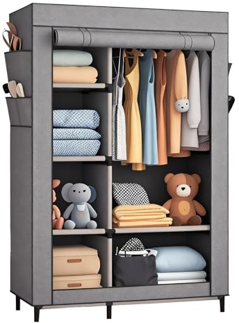 BUERPINKING Stoffschrank, Stoffkleiderschrank mit 6 Ablagen, 2 Kleiderstangen und 6 Taschen, Kleiderschrank Stoff Stabil und Leicht Aufzubauen, Schrank mit Abdeckung für das Schlafzimmer (Grau)