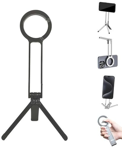 Naturaltly Magnetic Phone Tripod for iPhone, MA38 Portable Phone Holder Mini Tripod for Magsafe with Double-Sided Strong Magnetic 1/4'' Hole Foldable Hook, Adjustable & Rotatable (1pc Black)