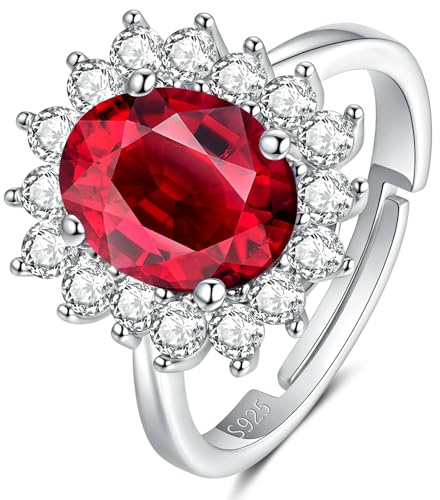 SNORSO Birthstone Ruby Engagement Rings for Women, 925 Sterling Silver Rings Halo Oval Red Diamond Eternity Promise Finger Ring Anniversary Wedding Adjustable Silver Ladies Women Ring for Her Gift