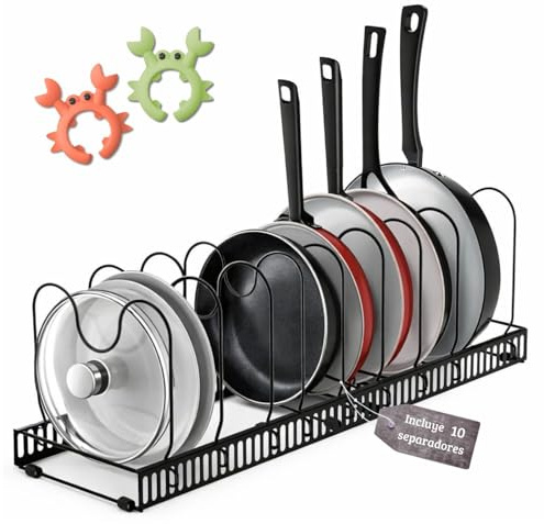 ELISPACES Organizador de Sartenes y Ollas Extensible con 10 Separadores + 2 Clips de Silicona Antiderrame - Soporte de Espátula | Soporte Ajustable para Almacenaje de Tapas, Ollas, Sartenes, Platos…