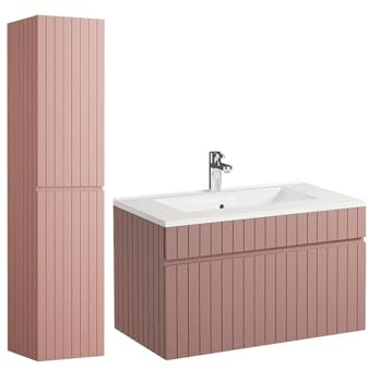 Vente-unique-Waschbeckenunterschrank hängend mit Ablagen & Einbauwaschbecken - Streifenoptik - Rosa - 80 cm - SATARA