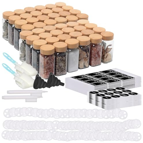 Rosenstein & Söhne Gewürzgläser für Küchen: 48er-Set Gewürzgläser mit Bambusdeckel, je 120 ml, 480 Etiketten (mit Streueinsätzen, mit Streueinsatz Sets)