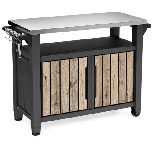 Koll Living Grilltisch UNITY XL | Servicetisch in Holzoptik Pinie | 298 Liter | mit Edelstahlplatte, Türen, Ablagefläche, Aufhängungen, Küchenrollenhalter, Rollen und Griff | UV- & witterungsbeständig