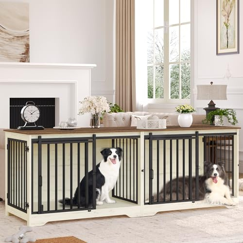 Hzuaneri Hundekäfig Möbel für 2 Hunde, Robuste Hundebox Holz, Weiß Braun | Doppel-Hundekäfig mit Trennwand, Hundekäfige mit Scheunentür, TV-Ständer-Design für Mittelere/Große Hunde, DFC93714B