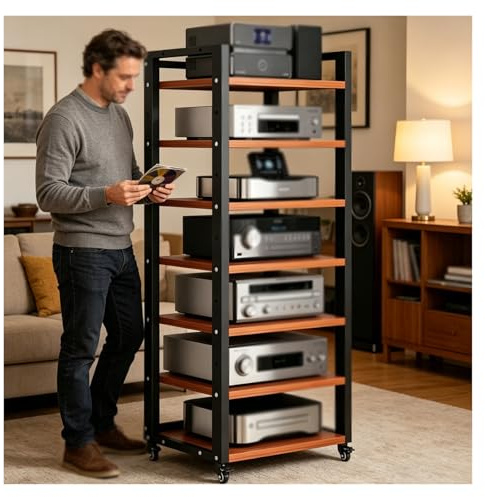 Generico Mobile Stereo Hi Fi Rack Hifi Mobiletto Portaoggetti Stereo Audio A 7 Ripiani,Supporto Multimediale AV Rack Con Ruote E Ripiano Regolabile,per Giradischi,Console(Teak)
