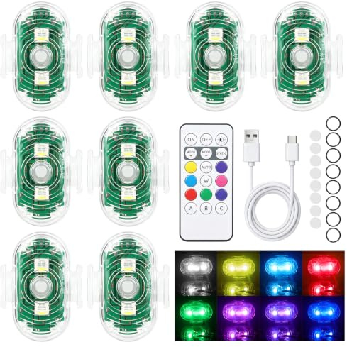 FENYW 8 Pezzi Luci Stroboscopiche Drone LED, 8 Colori Ricarica USB Lmpermeabile Luce a LED, Luci Stroboscopiche Senza Fili con Telecomando, Ricaricabili USB Strobe Drone Light per Motocicletta