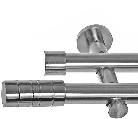 BASIT Gardinenstange Edelstahllook 20mm 2-läufig Wand 240cm lang H41 | Gardinenstangenset doppelläufig Wandmontage Metall Vorhangstange Wandhalterung 120-600cm wählbar Kappe Zylinder E34