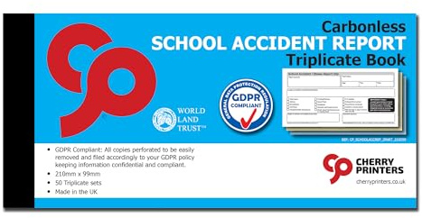 Cherry Printers Carbonless NCR School Accident Report GDPR Triplicate Book 99 x 210mm 50 Sets **10 Pack**
