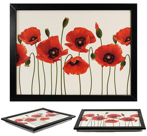 The Magic Toy Shop Wooden Lap Trays with Bean Bag Cushion and Poppies Design - Large Padded Tray with Cushion for Kids and Adults - Suitable for Food, Work, Art, Studies, TV, Sofa, Bed