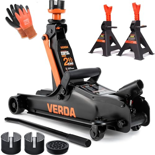 Verda Profi Hydraulischer Wagenheber 2,5T, 85-365mm, 2X Gummi, 2X Unterstellböcke PKW SUV Rangierwagenheber Auto Heber Wohnmobil, Geländewagen (Wagenheber 2,5T + 2X Unterstellbock)