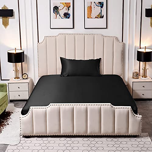 THXSILK 100% 25 Momme Seide Spannbettaken-Set 2 teilig, Beinhaltet Reine Seide Spannbetttuch 100x200 mit Rundumgummi und Kiseenbezug 40x80, Schwarz