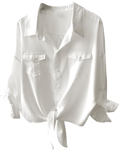Womens Button Down V Neck Shirts 3/4 Sleeve Tie Front Loose Office Business Shirt Blouse Summer Casual Tops
