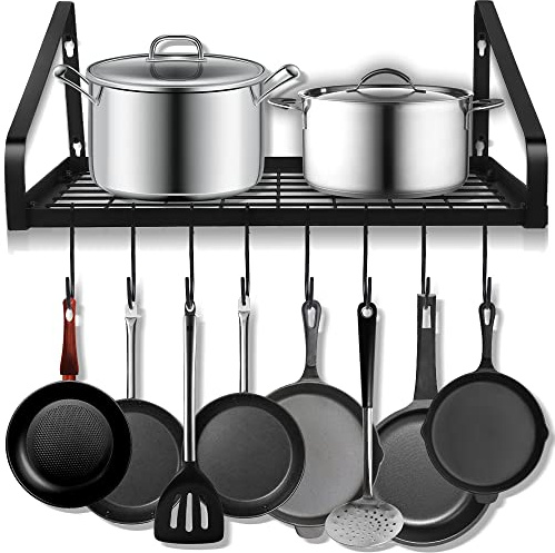 Felibeaco Étagère murale pour casseroles et poêles à suspendre avec 8 crochets amovibles, étagère de rangement pour ensemble de poêles, ustensiles, ustensiles de cuisine, livres, ménage, 2 méthodes de