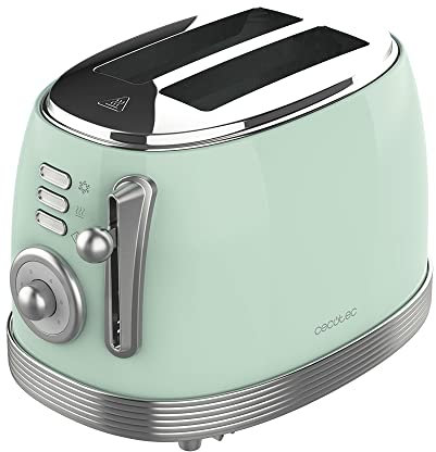 Cecotec Toaster Toast&Taste 800 Vintage Light Green, 850 W, Doppelte Extra breite Kurzschlitze von 3,8 cm, 2 Toastscheiben, Edelstahl-Finish, Vintage-Stil, 3 Funktionen, Grün