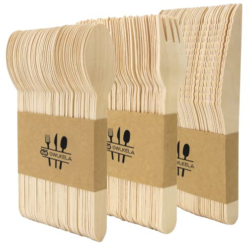 OWLKELA Disposable Wooden Cutlery Set, 150pcs | Birch Wood Cutlery, 50 Forks, 50 Knives, 50 Spoons, for Picnic, Birthday, Wedding Party