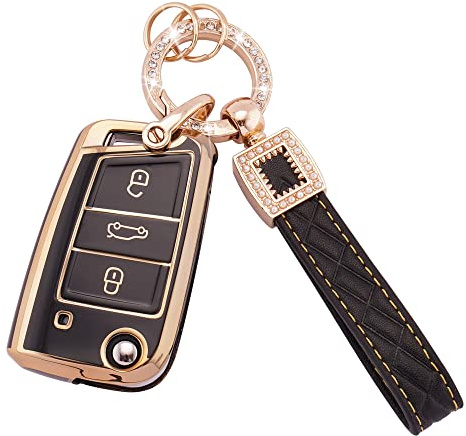 Autoschlüssel Hülle für VW/Seat Zubehör 3 Tasten Schlüsselhülle-Schwarz Gold