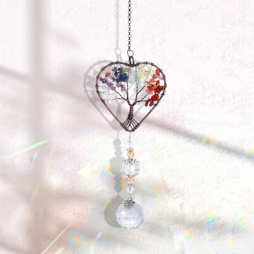 Amaxiu Acchiappasole in Cristallo per Finestra, Albero della Vita, Decoro Acchiappasole con Prismi Acchiappasole da Appendere con Ornamento da Appendere in Cristallo a Forma di Cuore Pietre Chakra