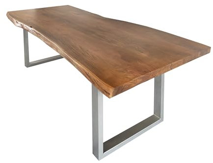 SAM Esstisch 260 x 100 cm Cali, Baumkantentisch nussbaumfarben, Akazienholz massiv, U-Gestell aus Metall Silber, aufgedoppelte Kanten 25+25 mm