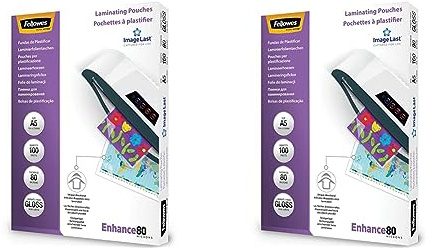 Fellowes Laminierfolien A5 ImageLast, 80 Mikron (2 x 80 Mikron), 100 Stück, transparent mit Ausrichtungshilfe. Ideal für Fotos und Informationshinweise mit optimalem Kontrast (Packung mit 2)