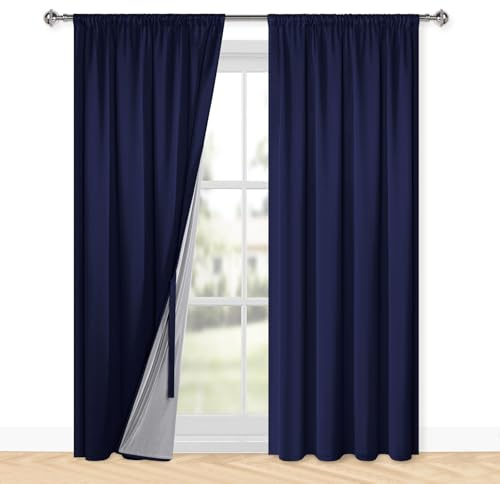 XWZO 100 % ogenomskinliga gardiner vardagsrum, gardiner med veckband, gardiner sovrum, dubbla lager tjocka mörkläggningsgardiner, termisk gardin, köldskydd, 220 x 140 cm (H x B), set om 2